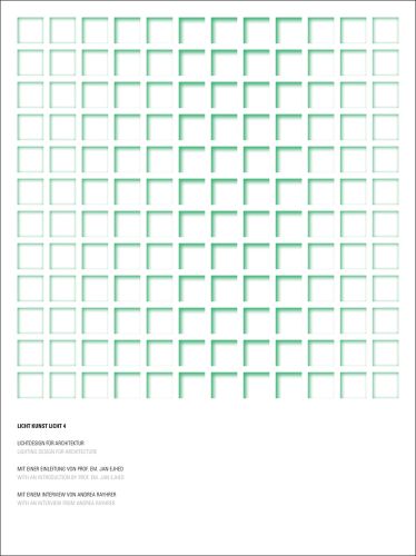 Grid of green edged squares on white cover of 'Licht Kunst Licht, Vol. 4: Lighting Design for Architecture' by Avedition Gmbh.