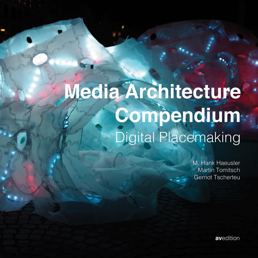 Illuminated fabric blown-up shape, on cover of 'Media Architecture Compendium, Digital Placemaking', by Avedition Gmbh.