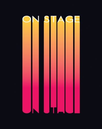 Bright orange and pink font to centre of black cover of 'On Stage: New Stage Photography', by Avedition Gmbh.