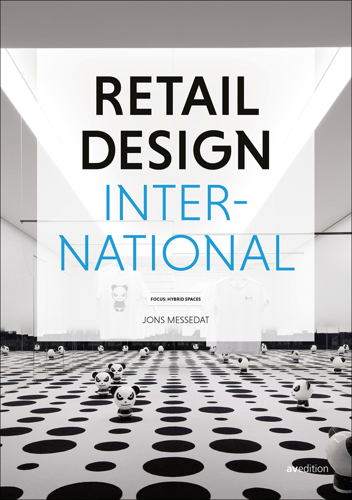Black and white polka dot floor, with small inflatable pandas, on cover of 'Retail Design International Vol. 5, Components, Spaces, Buildings', by Avedition Gmbh.