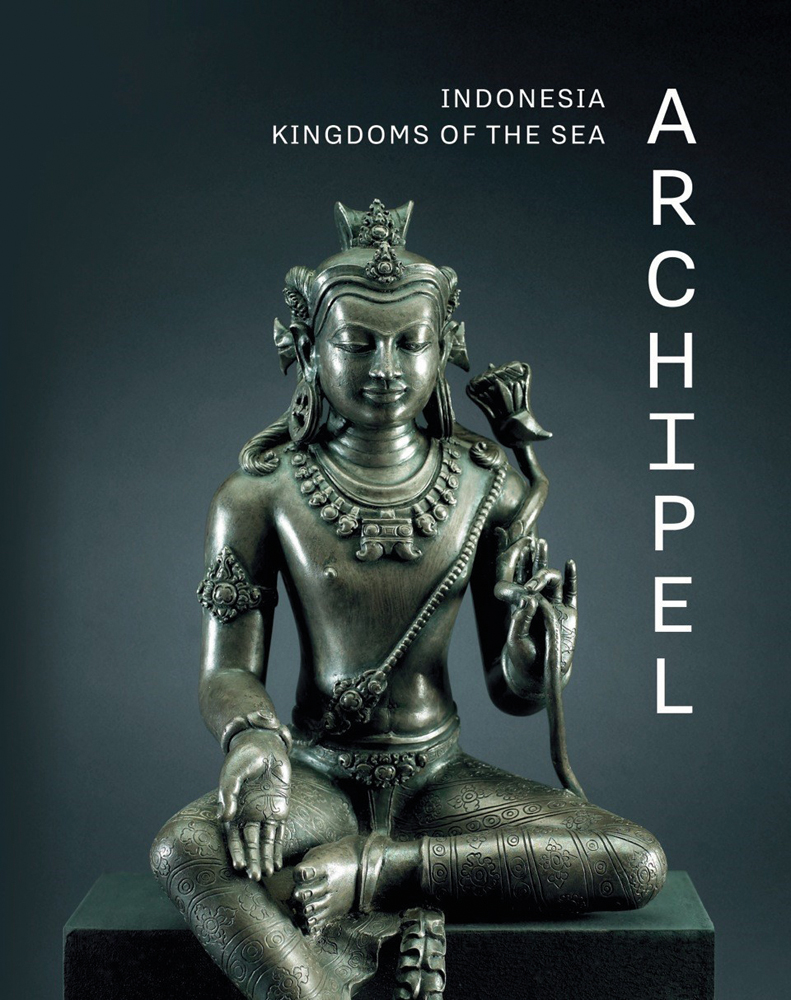 Manjusri bronze statue on plinth, grey cover with Indonesia Kingdoms of the Sea Archipel in white font above