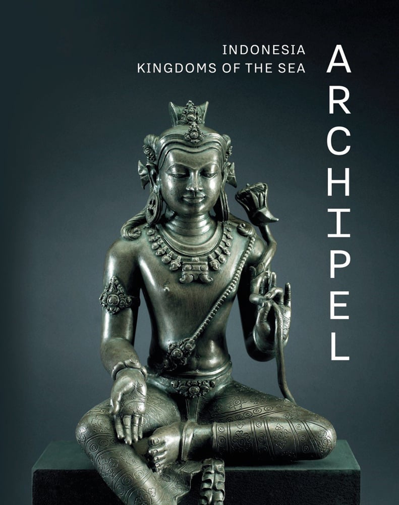 Manjusri bronze statue on plinth, grey cover with Indonesia Kingdoms of the Sea Archipel in white font above