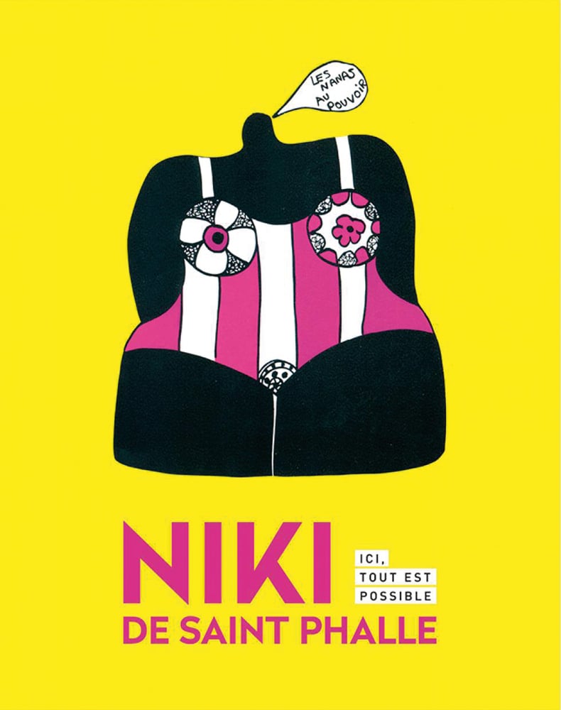 Black headless bust wearing a pink and white one piece costume, on yellow cover, Niki de Saint Phalle in pink font below