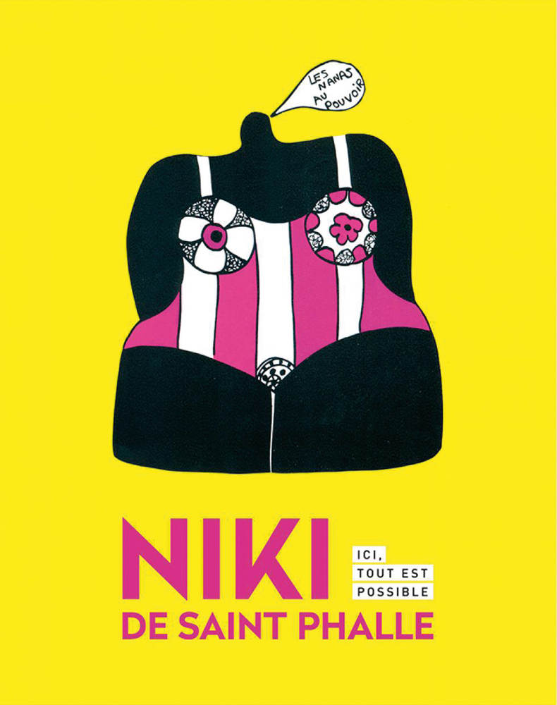 Book cover of Niki de Saint Phalle: Here Everything is Possible, featuring a black headless bust wearing a pink and white one piece costume. Published by Exhibitions International.