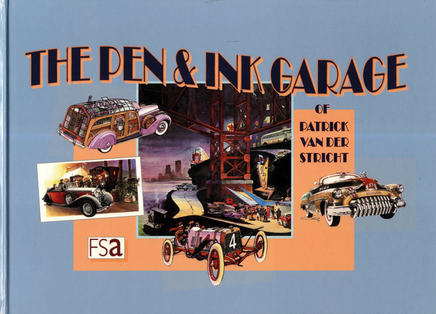 Montage of pen and ink illustrations of classic and vintage cars, THE PEN & INK GARAGE in black font with orange drop shadow, to top.