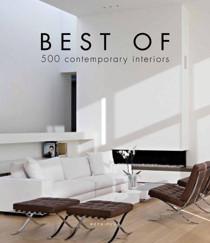 Minimalist interior living space, white sofa, brown chairs, BEST OF 500 contemporary interiors in black font above.