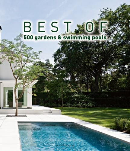 Oblong empty swimming pool in landscaped garden, BEST OF 500 gardens & swimming pools in green font above.