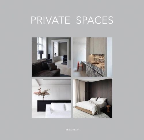 Montage of 4 interior living spaces to centre, pale grey cover, PRIVATE SPACES in white font above.