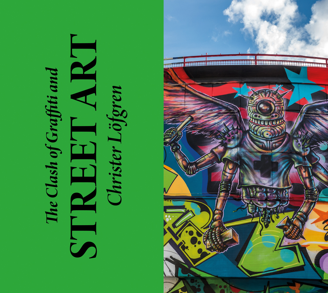 Vibrant graffiti art mural of a winged robot with missing lower half, The Clash of Graffiti and STREET ART in black font on left green banner.