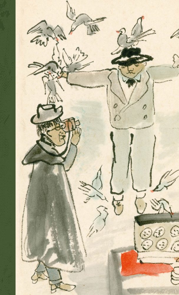 Charming colour drawing of man with camera and man in black hat, seagulls on head, dark green left edge