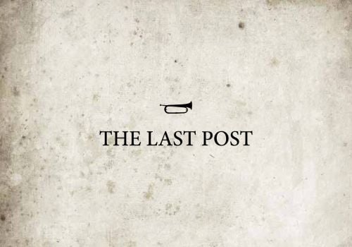 Silhouette of bugle to top of mottled off-white landscape cover of 'The Last Post', by Hannibal Books.