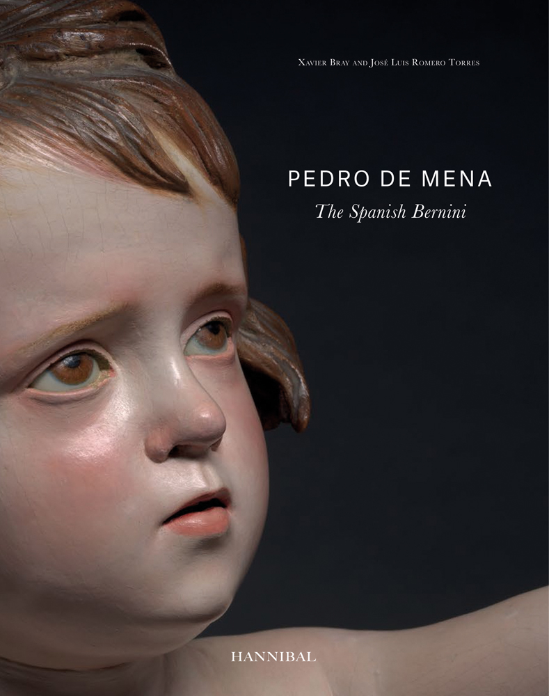 Hyper realistic sculpture of young child looking up, on black cover of 'Pedro de Mena, The Spanish Bernini', by Hannibal Books.