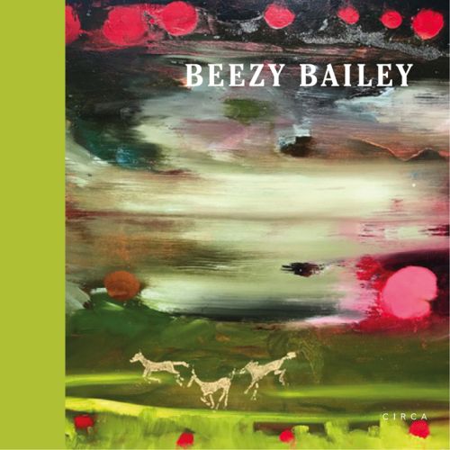 Colourful landscape painting, pink spots, 3 beige animals dancing across the bottom, Beezy Bailey in white font top top right