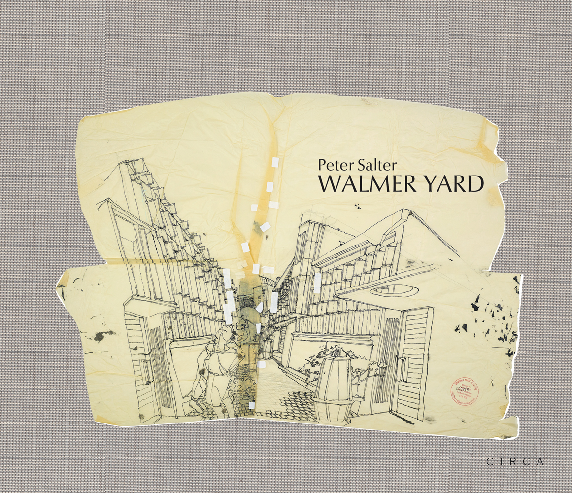 Ink drawing of residential complex, on grey linen cover of 'Peter Salter, Walmer Yard', by Circa Press.