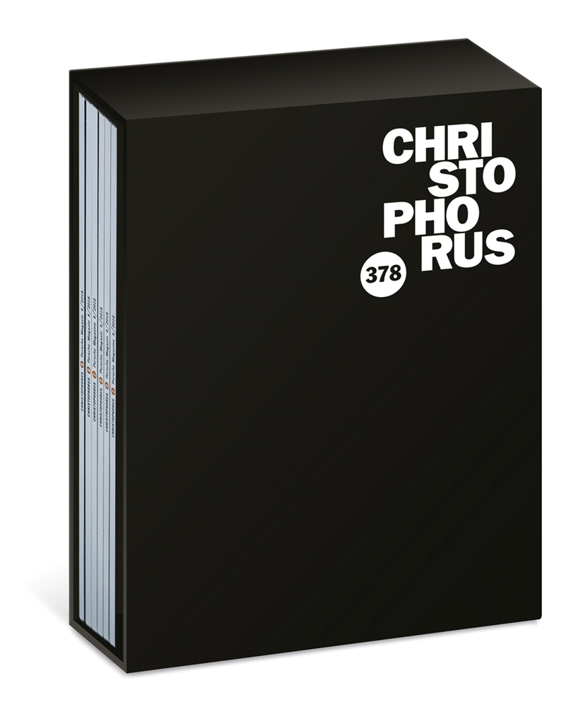Black slip case containing magazines of 'Porsche Christophorus Box, Issue 378', by Delius Klasing.