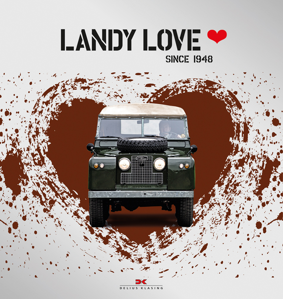 Front of Land Rover with driver, to center of red heart, on white cover of 'Landy Love, Since 1948', by Delius Klasing.