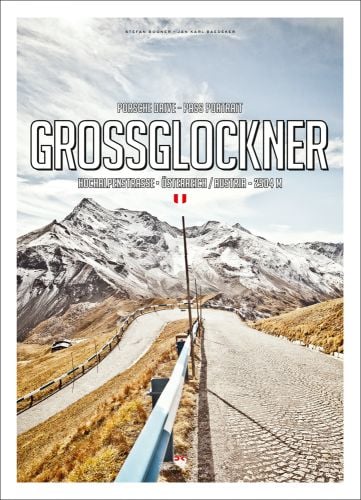 Hairpin bend in road with snow-topped mountains behind, on cover of 'Pass Portrait - Grossglockner, Austria 2504M', by Delius Klasing.