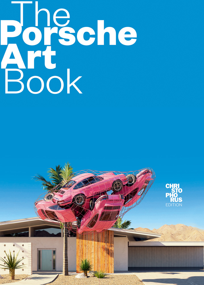 5 pink Porsche 911 models, wrapped in netting, suspended in mid air over building, The Porsche Art Book in white font above on blue cover