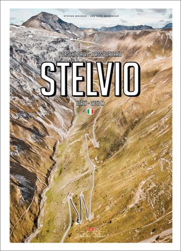 Aerial shot mountainous landscape with hairpin bends, on cover of 'Porsche Drive: Stelvio, Pass Portraits; Italy 2757m', by Delius Klasing.