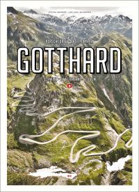 High angle shot of Swiss Alps with winding roads, on cover of 'Porsche Drive - Pass Portrait - Gotthard, Schweiz - Switzerland - 2106 m', by Delius Klasing.