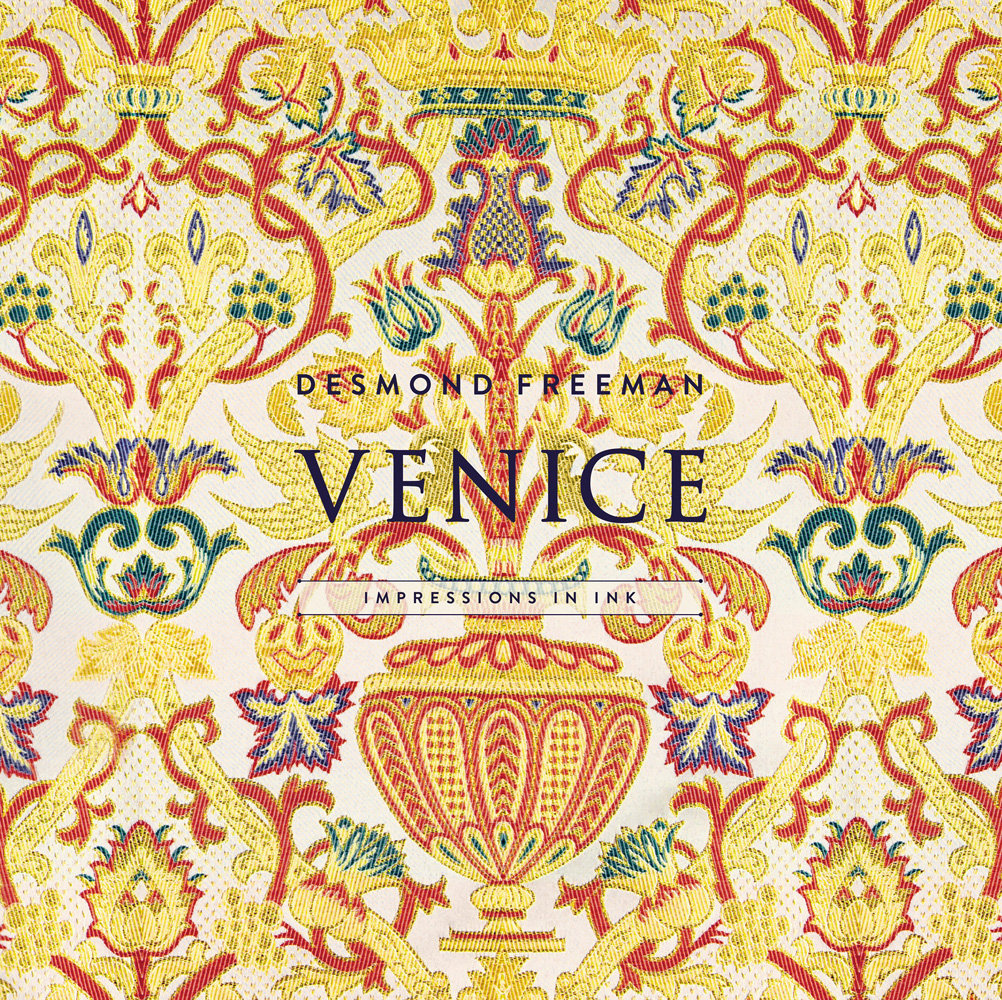 Gold and orange embroidered fabric, curved vase, flowers, crown above, Desmond Freeman Venice in black font to centre