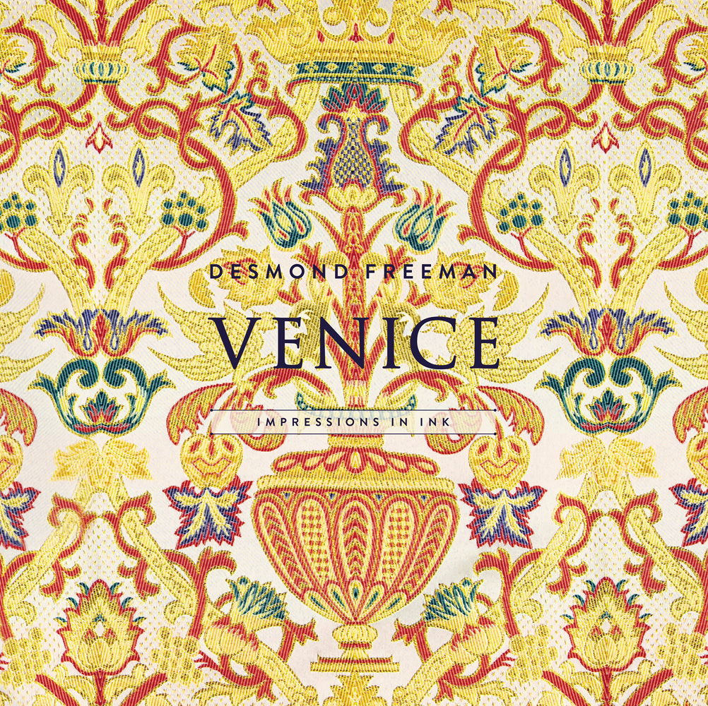 Gold and orange embroidered fabric, curved vase, flowers, crown above, Desmond Freeman Venice in black font to centre