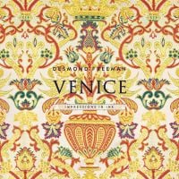 Gold and orange tapestry fabric, curved vase, flowers, crown above, on cover of 'Desmond Freeman Venice, Impressions in Ink', by Desmond Freeman.
