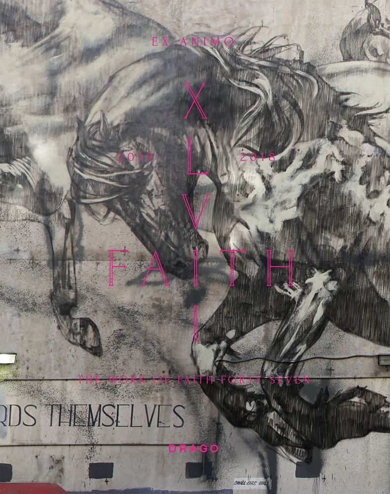 Large horse mural on grey wall, on cover of 'Ex Animo', by Drago.