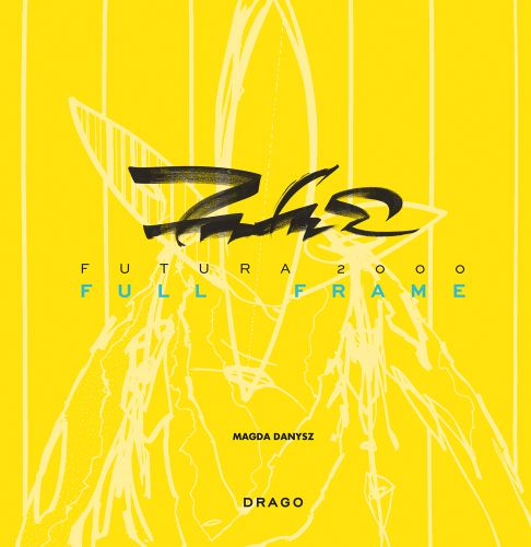 Pale abstract sketch on bright yellow cover of 'Full Frame, Futura 2000', by Drago.