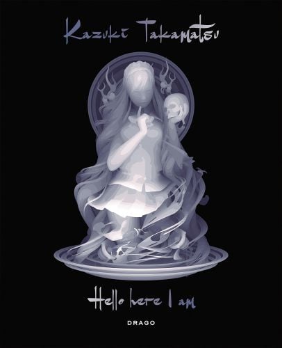 Monochrome painting of female figure holding a skull, on black cover of 'Kazuki Takamatsu, Hello, Here I Am', by Drago.