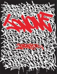 White and red graffiti lettering on black cover of 'JonOne Rock', by Drago.