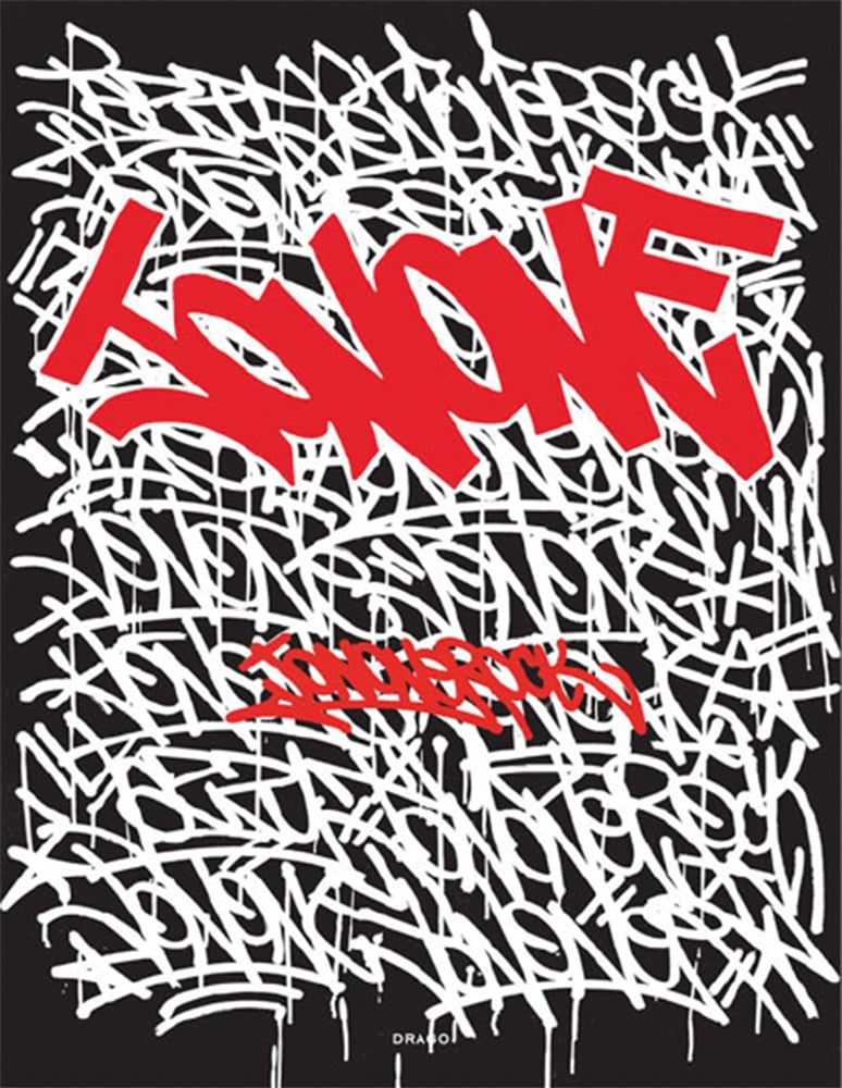 White and red graffiti lettering on black cover of 'JonOne Rock', by Drago.