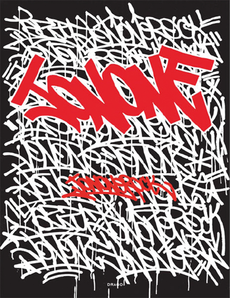 White and red graffiti lettering on black cover of 'JonOne Rock', by Drago.