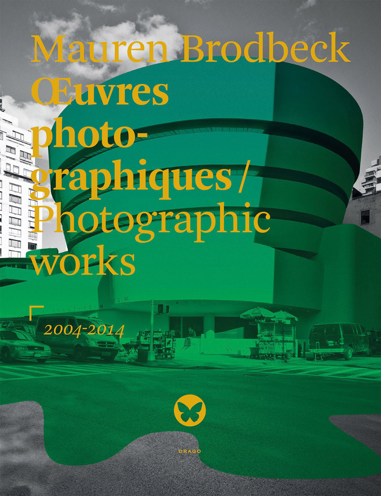 Monochrome shot large modern building, structure coloured in green, Mauren Brodbeck Oeuvres Photographiques / Photographic Works in orange font to upper left.