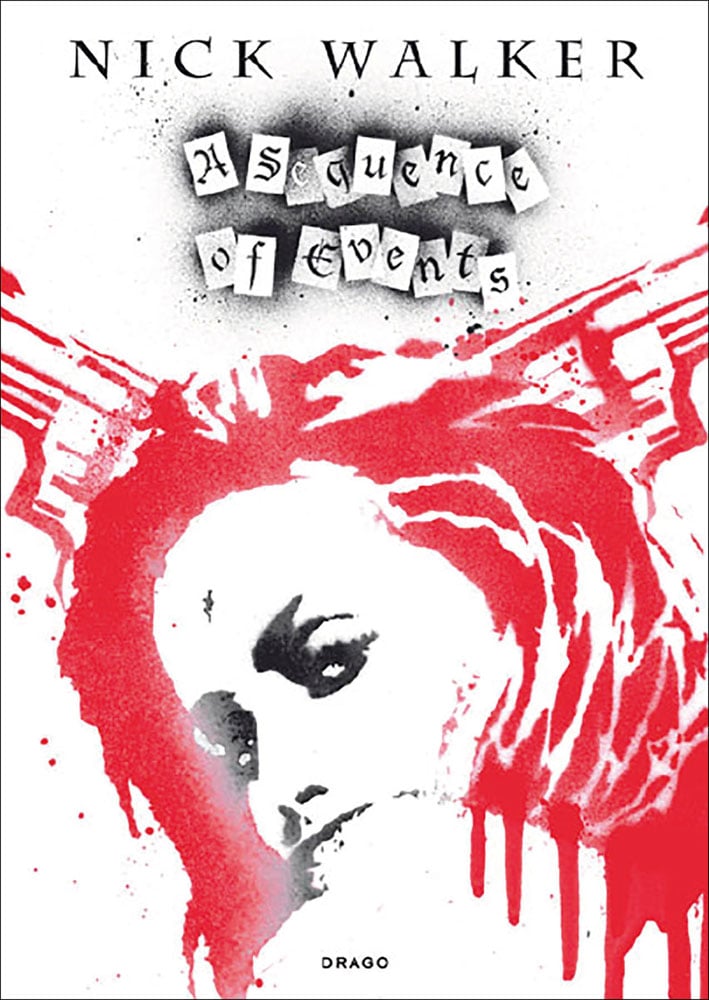 Serigraph on paper '38 Pigtails', by Nick Walker; girl with red hair, two guns on head, on white cover of 'A Sequence Of Events', by Drago.