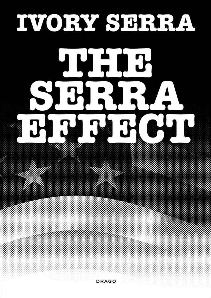 Pixelated US flag on cover of 'The Serra Effect', by Drago.