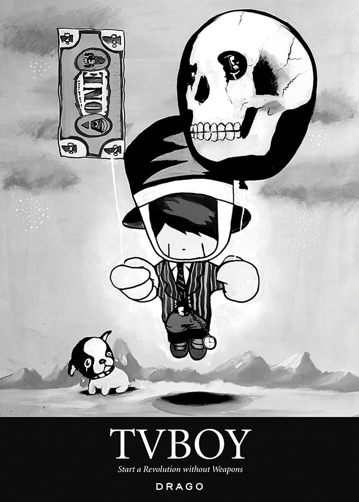 Figure in pinstriped suit and hat holding a balloon with skull on, small dog on ground below, on cover of 'Tvboy, Start a Revolution Without Weapons', by Drago