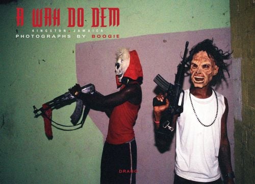 Two black males wearing horror masks, holding machine guns, 'A WAH DO DEM', in red font above, by Drago International Entertainment.