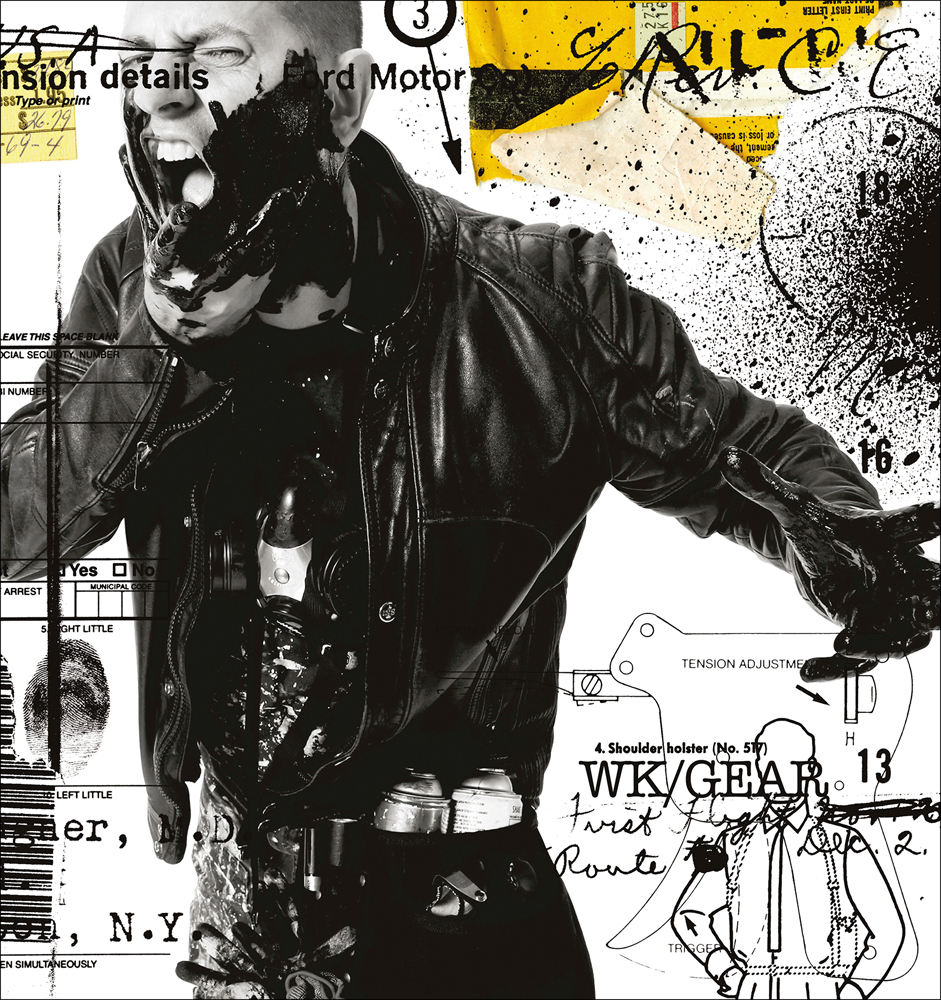 White male in black clothes, black paint on chin, spray paint cans in pocket, on cover of 'WK Gear', by Drago.