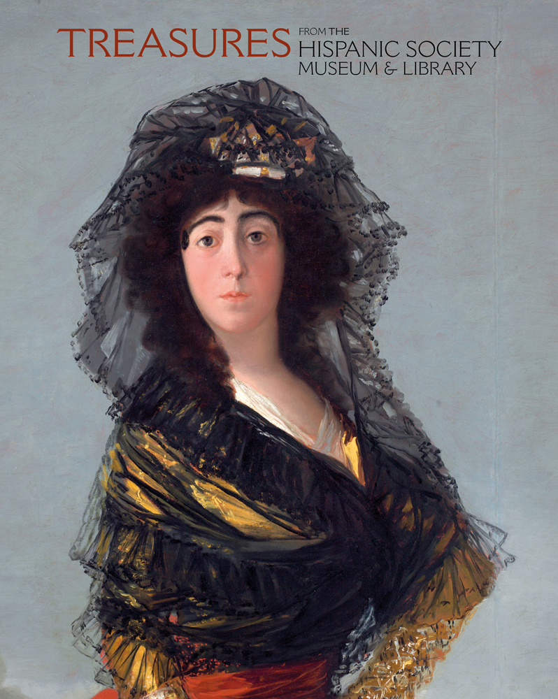 Half length of oil painting The Black Duchess by Francisco Goya, TREASURES FROM THE HISPANIC SOCIETY MUSEUM & LIBRARY in orange and grey font above.