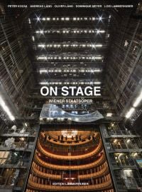 Dramatic ceiling structure of theater with stage lights, on cover of 'On Stage, Vienna Opera House', by Edition Lammerhuber.