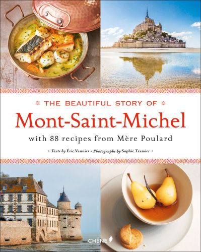 Mont Saint-Michel under blue sky, 2 pears in bowl, scallop dish, The Beautiful Story of Mont-Saint-Michel in orange font on white centre banner