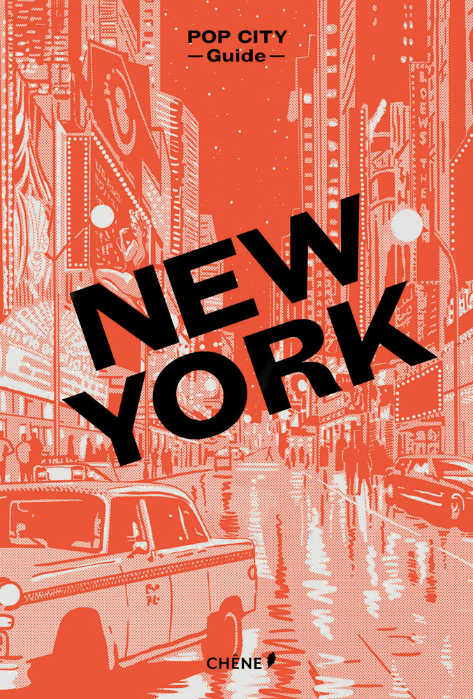 POP CITY Guide NEW YORK in black font on orange and white illustration of New York street with taxi