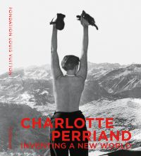 Book cover of Charlotte Perriand, Inventing A New World, with a topless woman holding arms up, facing snowy mountains, away from viewer. Published by Editions Gallimard.