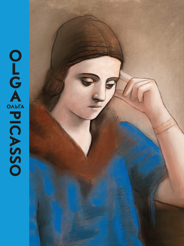 Portrait of Olga Picasso with melancholic gaze, brown cover, Olga Picasso in black font down blue left border