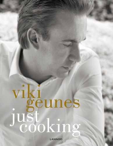 Viki Geunes in white shirt, looking to his left, on cover of 'Just Cooking, Viki Geunes', by Lannoo Publishers.