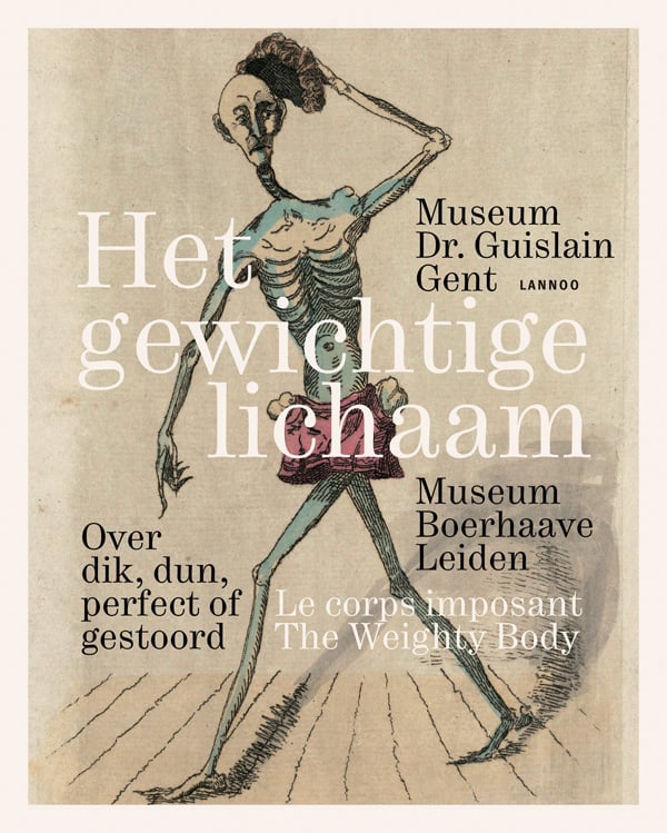 Sketch of skeletal male figure lifting wig from had, on cover of 'The Weighty Body, About thick, thin, perfect or deranged', by Lannoo Publishers.