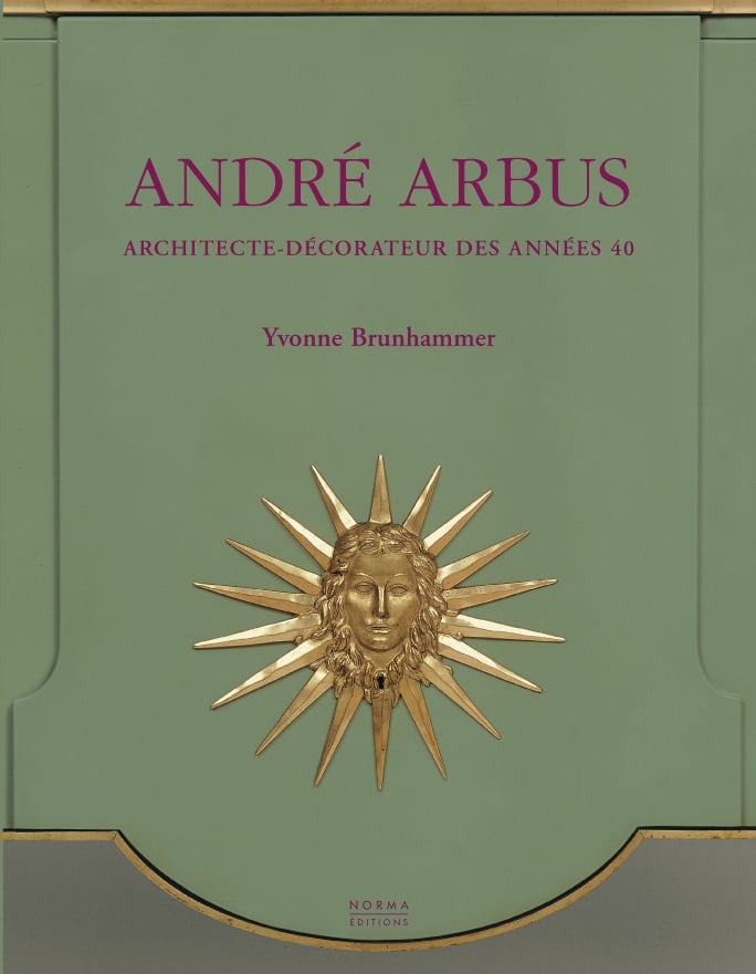 Neoclassical sideboard in turquoise blue, 1942, with gold metal decorative head with star shape, on cover of 'André Arbus', by Editions Norma.