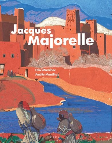 Painting of African landscape with terracotta buildings and two figures carrying vessels on backs, on cover of 'Jacques Majorelle', by Editions Norma.