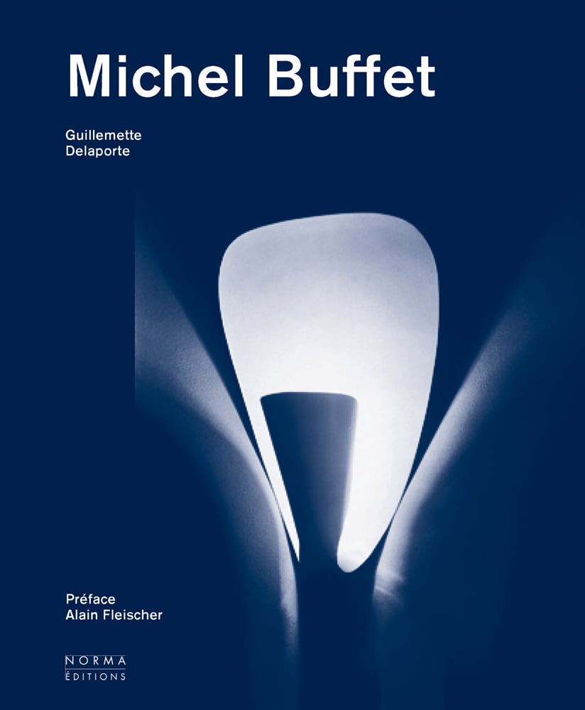 Illuminated curved wall light shape on navy cover, Michel Buffet in white font above